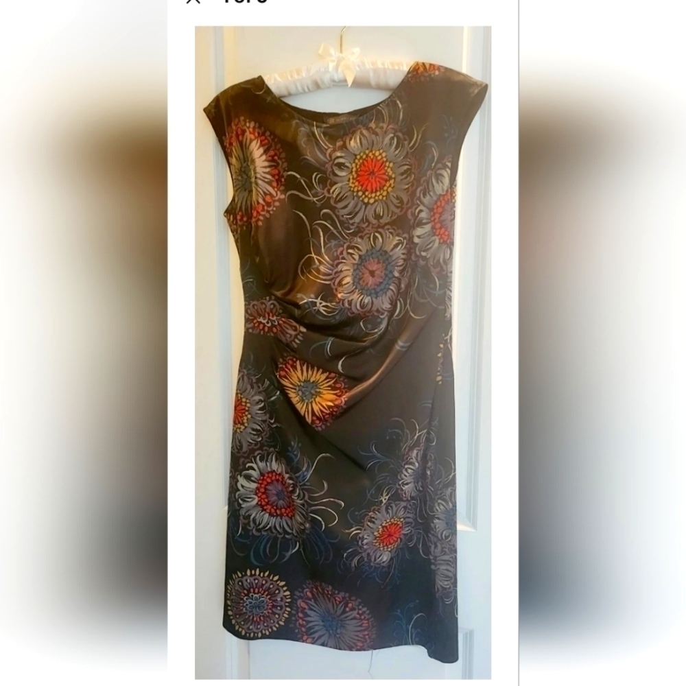 THE LIMITED Navy Floral Scoop Neck Fitted Dress Cap Sleeves Sz Sm